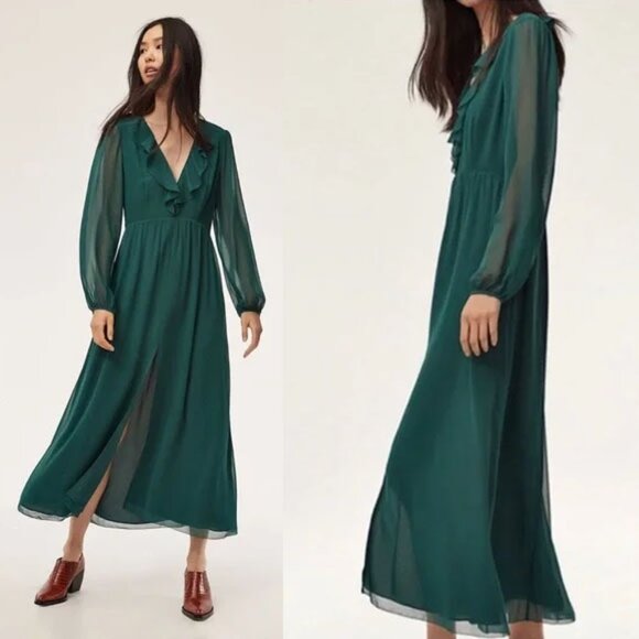 Aritzia Wilfred Millie Dress 8 Forest Green Romantic Ruffle Chiffon Maxi Slit - Picture 3 of 16